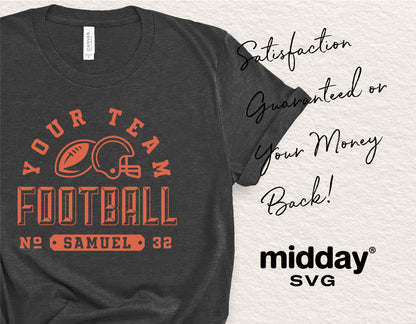 Football team shirt design with "Your Team" and player number template featuring a football and helmet graphic in orange text.