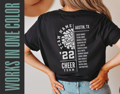 Person wearing a black t-shirt featuring cheer team roster and design for digital template.