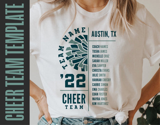 T-shirt displaying cheer team template with roster for Austin, TX, featuring team name and coach's list, in stylish modern font.