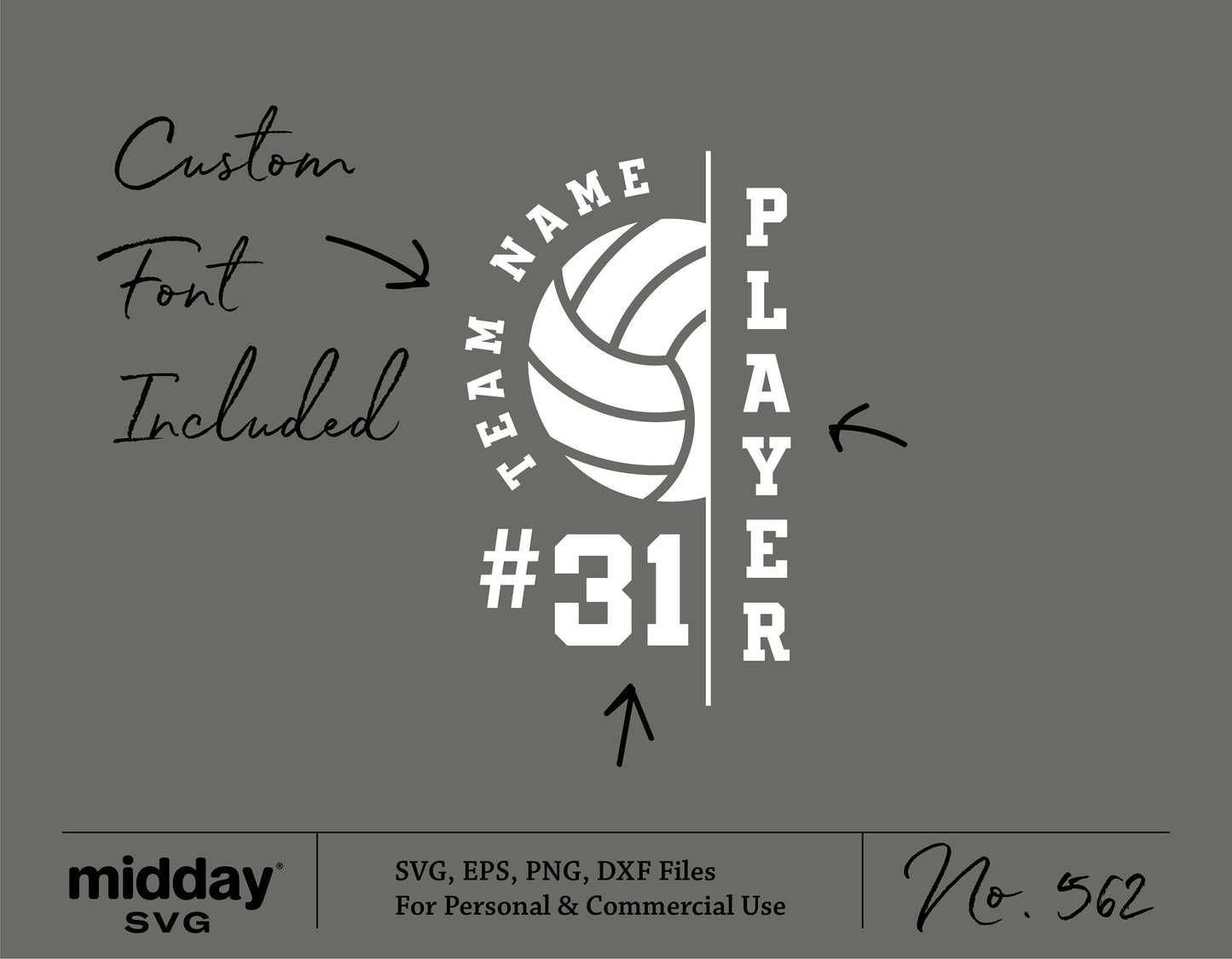 Volleyball team SVG template with player number and name, custom font included for Cricut and DIY shirt designs.