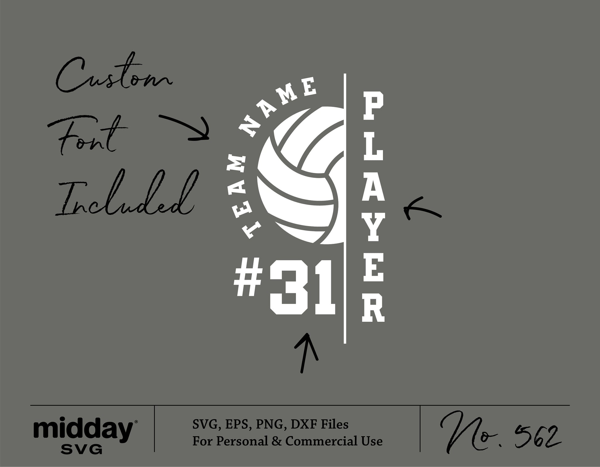 Volleyball team SVG template with player number and name, custom font included for Cricut and DIY shirt designs.