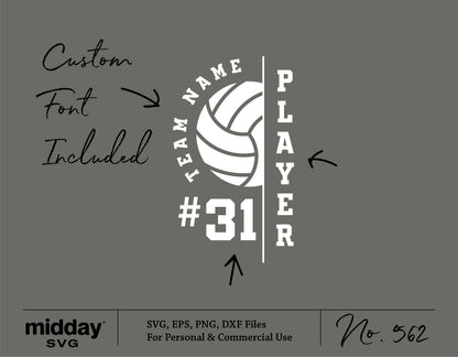 Volleyball team SVG template with player number and name, custom font included for Cricut and DIY shirt designs.