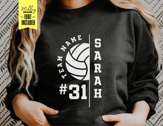 Personalized volleyball team shirt SVG template with name and number displayed, ideal for DIY Cricut iron-on projects.