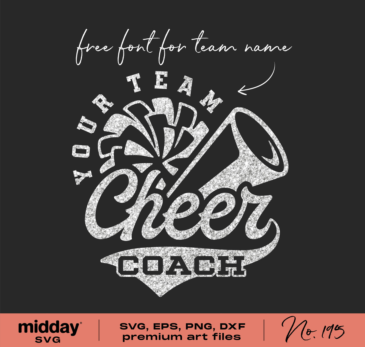Cheer Coach SVG design featuring megaphone and pom poms for cheerleading with free team name font, ideal for Cricut and Silhouette.