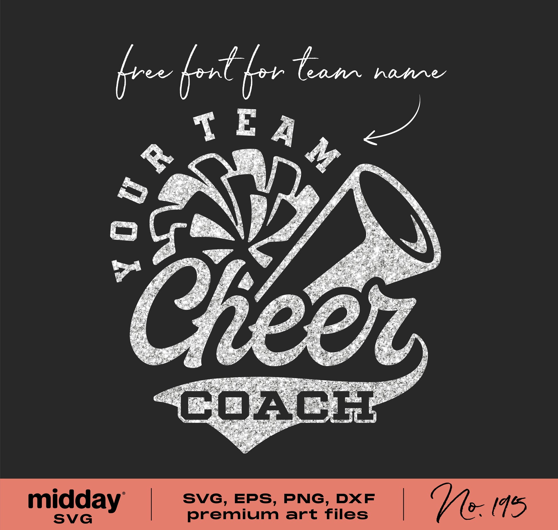 Cheer Coach SVG design featuring megaphone and pom poms for cheerleading with free team name font, ideal for Cricut and Silhouette.