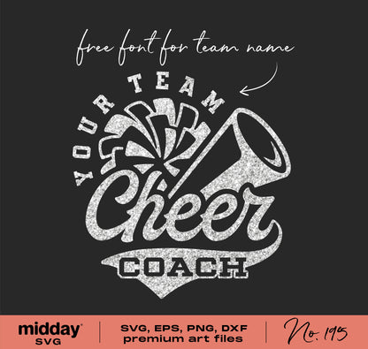 Cheer Coach SVG design featuring megaphone and pom poms for cheerleading with free team name font, ideal for Cricut and Silhouette.