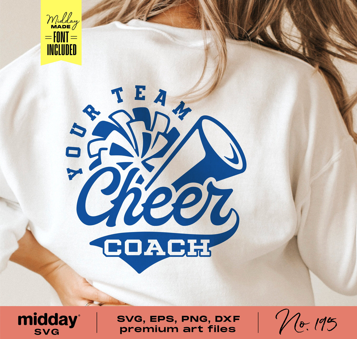 White shirt with blue 'Cheer Coach' design featuring pom poms and megaphone, ideal for Cricut and Silhouette cutting machines.
