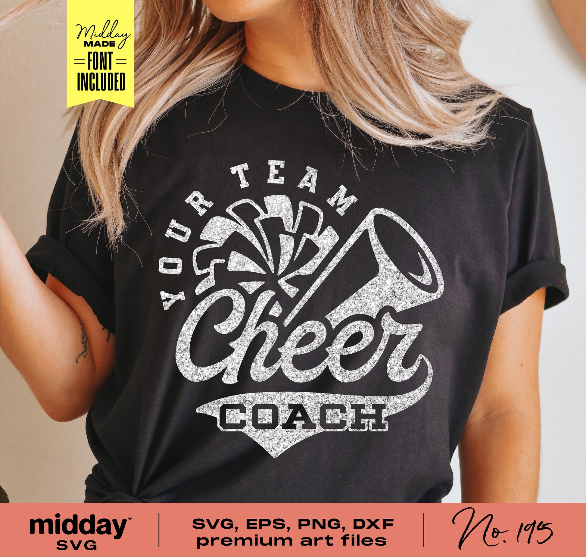 "Cheer Coach shirt design featuring pom pom and megaphone with SVG, EPS, PNG, DXF cut files for Cricut and Silhouette customization."