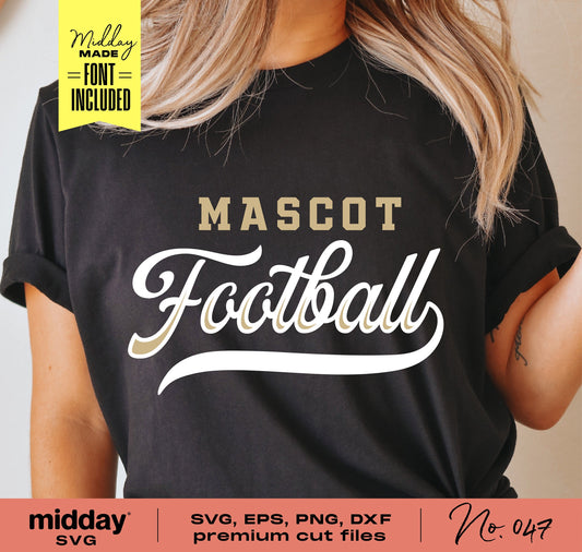 Football team template shirt with "Mascot Football" print, includes SVG, PNG, EPS, DXF files and font for Cricut and Silhouette.