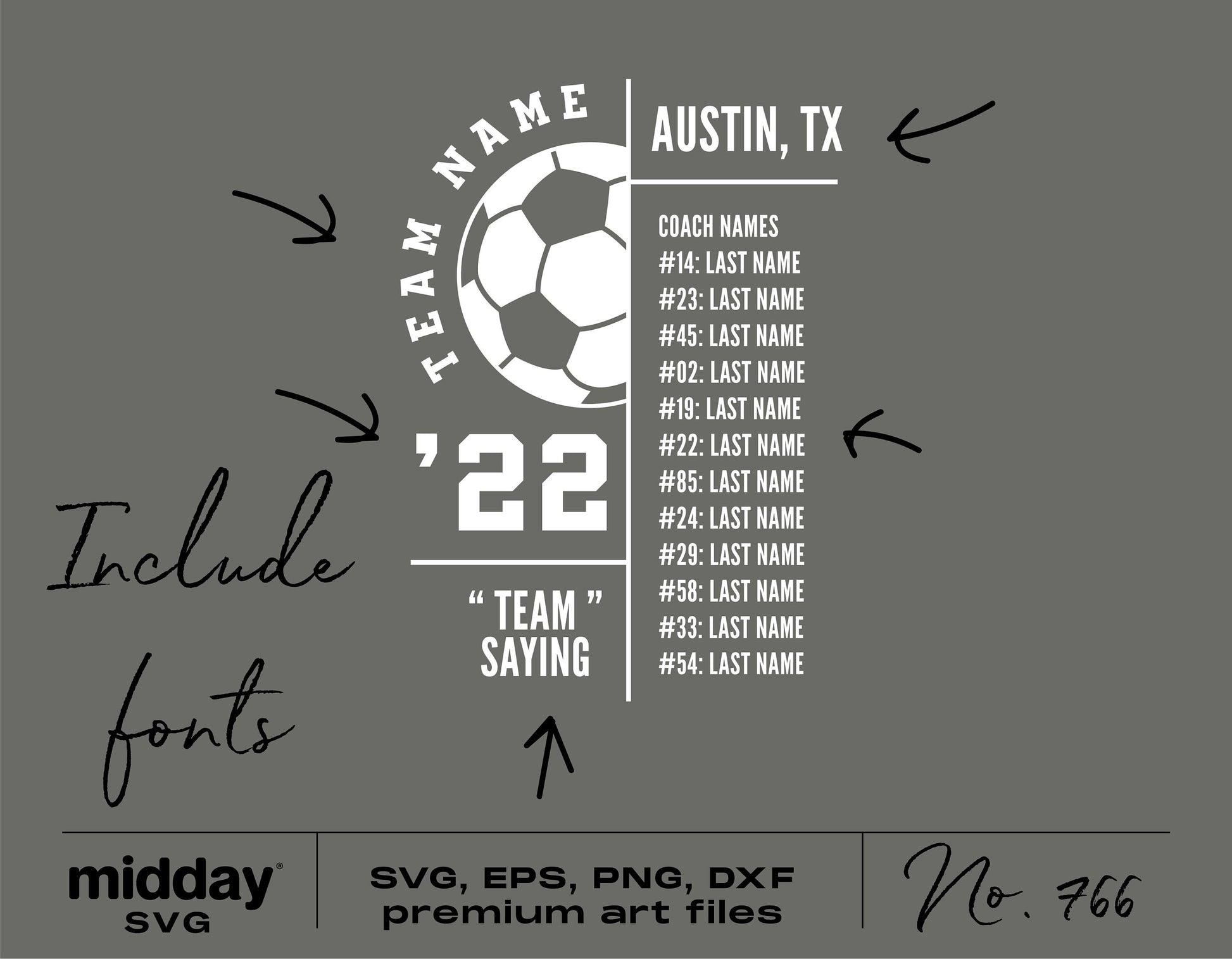 Soccer roster template design with customizable text for team names, player numbers, and location. SVG, EPS, PNG, DXF formats available.