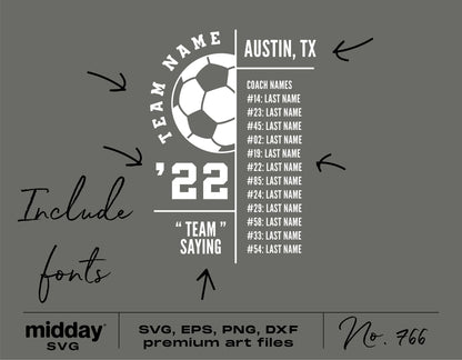 Soccer roster template design with customizable text for team names, player numbers, and location. SVG, EPS, PNG, DXF formats available.