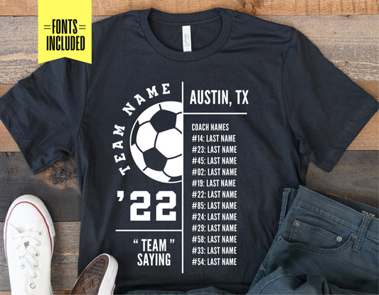 Customizable soccer team shirt with player roster and city name. Includes mockup of black t-shirt with sneaker on wooden background.