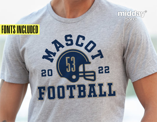 Gray football t-shirt with team logo and number 53, text 'Mascot Football 2022,' designed for DIY projects with included font options.