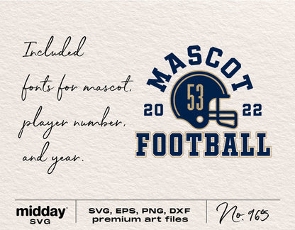 Football team template image featuring a customizable logo with mascot, player number, and year. Formats include SVG, EPS, PNG, DXF.