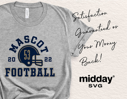 Gray football shirt with custom mascot logo and satisfaction guarantee text, perfect for DIY team designs and personalized sportswear.