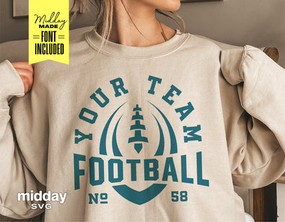 Woman wearing beige sweatshirt with customizable football team logo design, includes font for DIY Cricut and Silhouette projects.