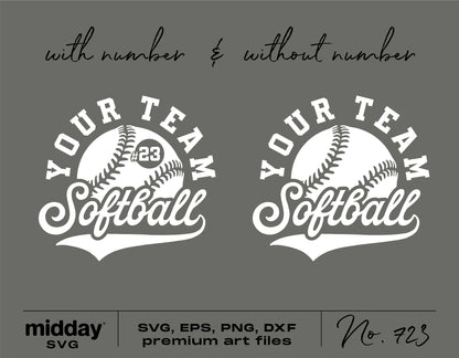 Softball team template SVG with customizable number, available in SVG, EPS, PNG, DXF formats for Cricut and Silhouette crafting.