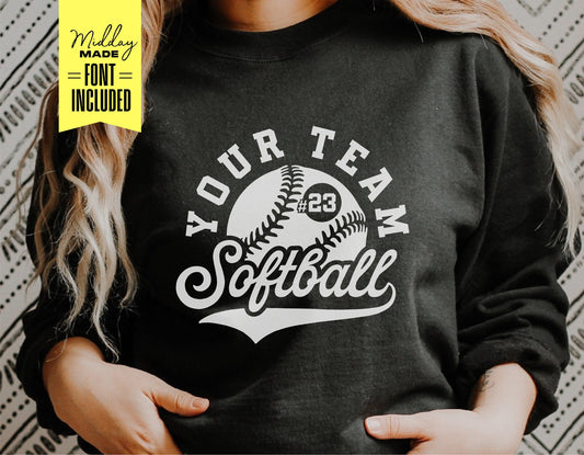 Customizable softball team shirt shown with playful font, ideal for making personalized Cricut cut files; includes digital formats like SVG and PNG.