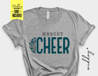 Gray t-shirt featuring 'Mascot Cheer' design with pom pom graphic, customizable font for cheerleading teams, digital download.