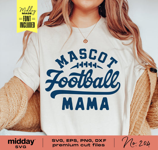Woman wearing 'Mascot Football Mama' shirt for Cricut and Silhouette, SVG EPS PNG DXF design included.