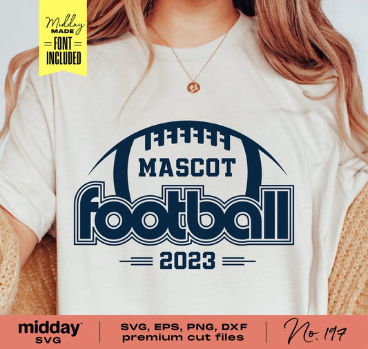 Retro football team shirt design featuring 'Mascot Football 2023' with SVG, EPS, PNG, DXF file options for Cricut and Silhouette.