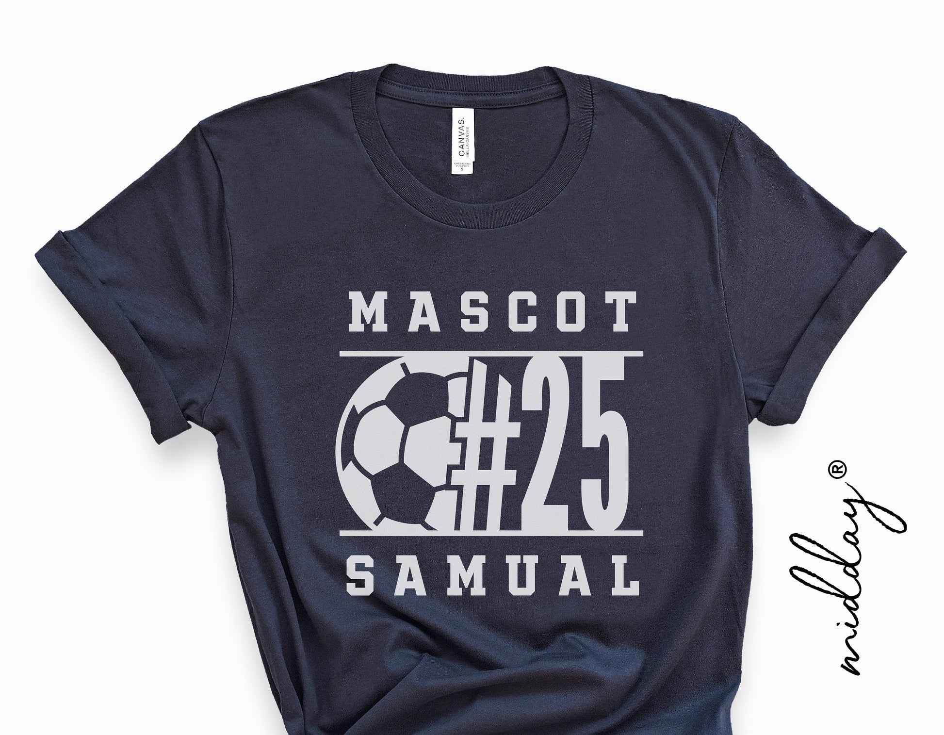 Black soccer shirt with "Mascot #25 Samual" design featuring a soccer ball graphic.