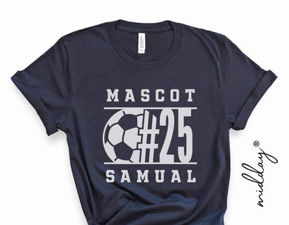 Black soccer shirt with "Mascot #25 Samual" design featuring a soccer ball graphic.
