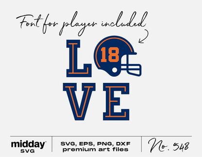 Football SVG design with helmet and 'Love' text, includes player number font. Files in SVG, EPS, PNG, DXF for Cricut and Silhouette.