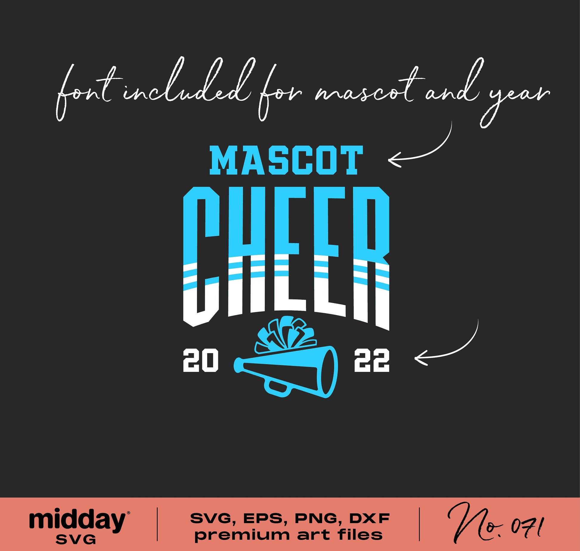 Cheerleading SVG design with mascot, pom poms, megaphone, and customizable font for 2022. Includes SVG, EPS, PNG, DXF formats.