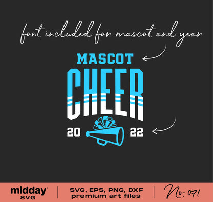 Cheerleading SVG design with mascot, pom poms, megaphone, and customizable font for 2022. Includes SVG, EPS, PNG, DXF formats.