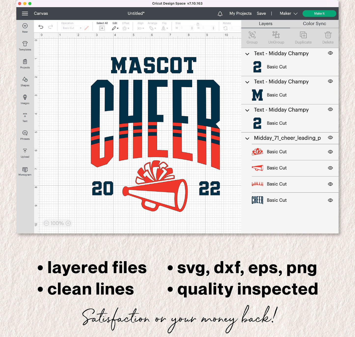 Cheerleading SVG template with megaphone and pom poms design for Cricut and Silhouette, includes layered files in svg, dxf, eps, png formats.