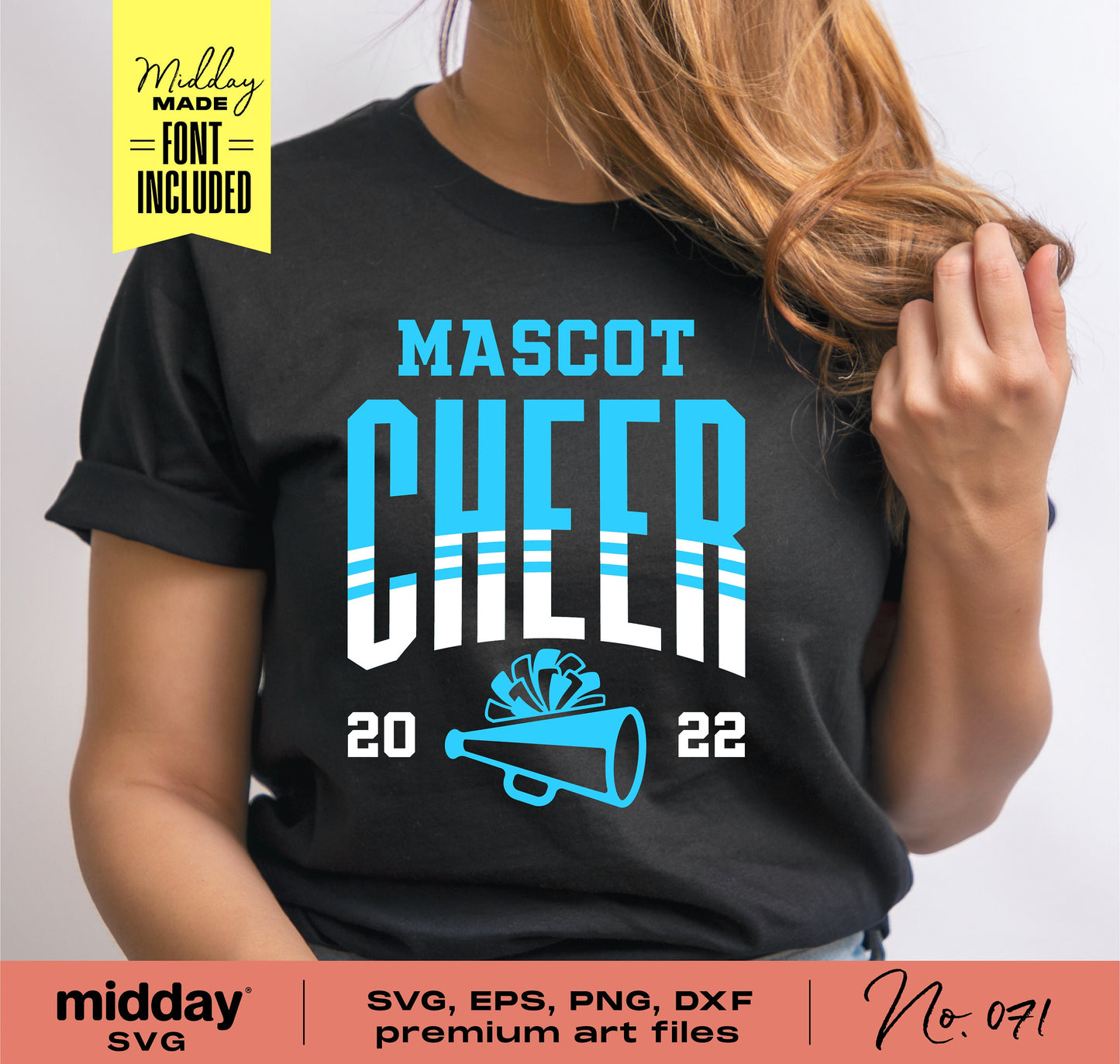 Woman wearing black t-shirt with 'Mascot Cheer 2022' graphic featuring megaphone and pom pom. Includes SVG, EPS, PNG, and DXF files.