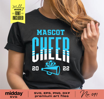 Woman wearing black t-shirt with 'Mascot Cheer 2022' graphic featuring megaphone and pom pom. Includes SVG, EPS, PNG, and DXF files.