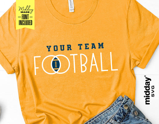 Yellow football team shirt template with customizable text and denim jeans, ideal for Cricut and sublimation projects.