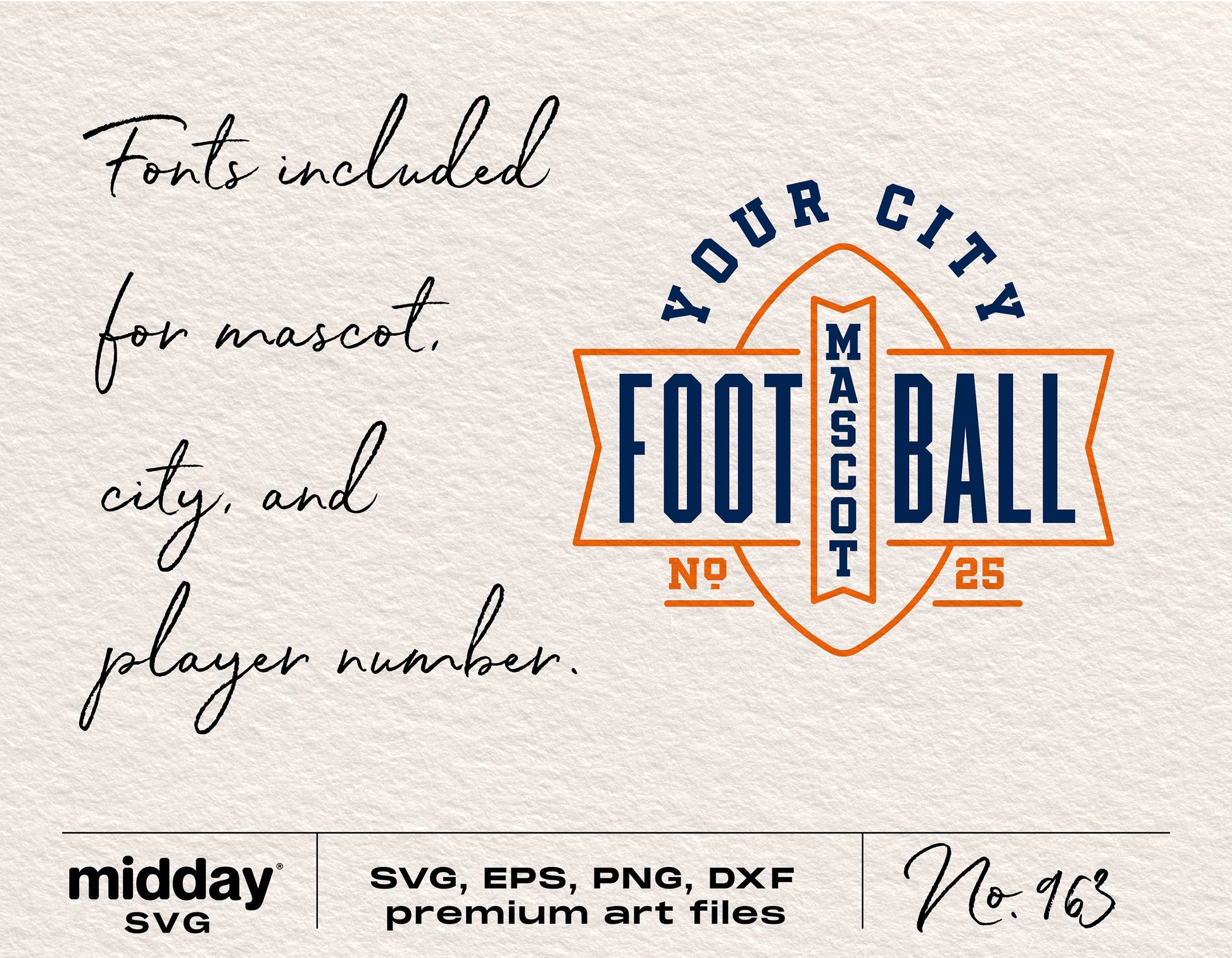 Football team logo template with customizable city, mascot, and player number in SVG, EPS, PNG, DXF formats for Cricut and Silhouette.