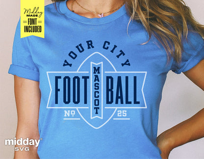 Woman wearing blue t-shirt with customizable football team logo, including city name and mascot, for Cricut and Silhouette projects.