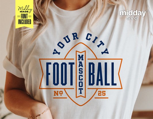 Football team logo design on a t-shirt with customizable text for mascots and team names, ideal for Cricut and Silhouette projects.