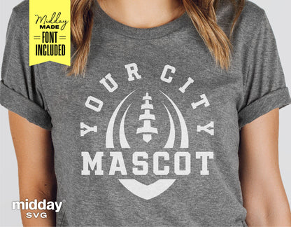 Gray football shirt mockup with customizable text, "Your City Mascot," ideal for Cricut and Silhouette projects.
