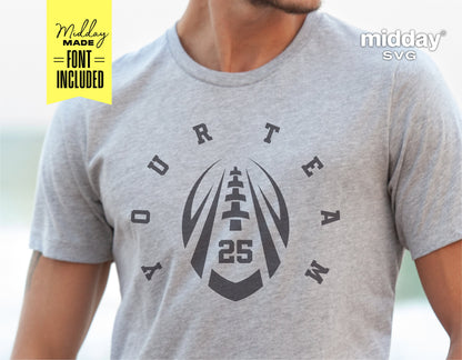 Gray football t-shirt with customizable 'Your Team 25' design, perfect for Cricut, Silhouette, and Glowforge projects.