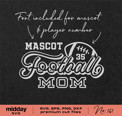 Football Mom SVG design with customizable mascot and player number, includes SVG, EPS, PNG, DXF formats by midday SVG.