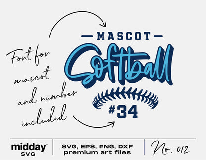 Softball team template SVG, PNG, DXF, EPS with mascot font for customization, ideal for Cricut cut files and shirt designs.