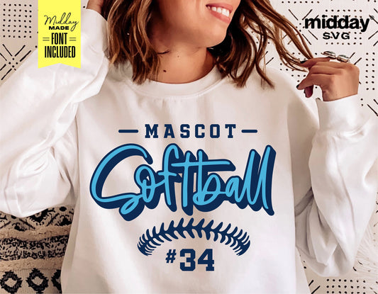 Woman wearing a white shirt with a blue softball team design, featuring the word 'Softball', a mascot graphic, and jersey number 34.