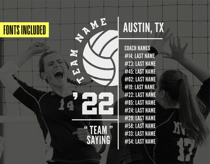 Volleyball team logo and template design featuring team names and positions for customizing on shirts and merchandise.