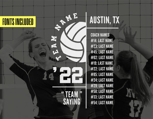 Volleyball team logo and template design featuring team names and positions for customizing on shirts and merchandise.