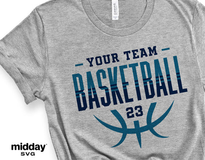 Gray t-shirt with customizable basketball team design in blue text, ideal for Cricut and Silhouette crafting projects, DIY cut file.