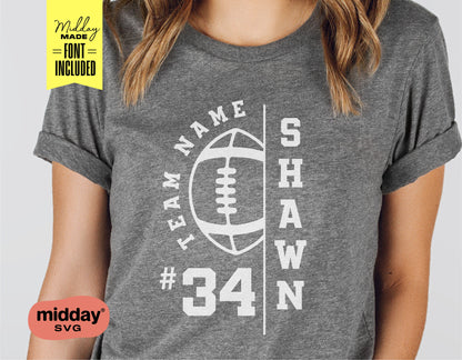 Custom football team t-shirt design template featuring a football graphic and player name for Cricut and Silhouette projects.