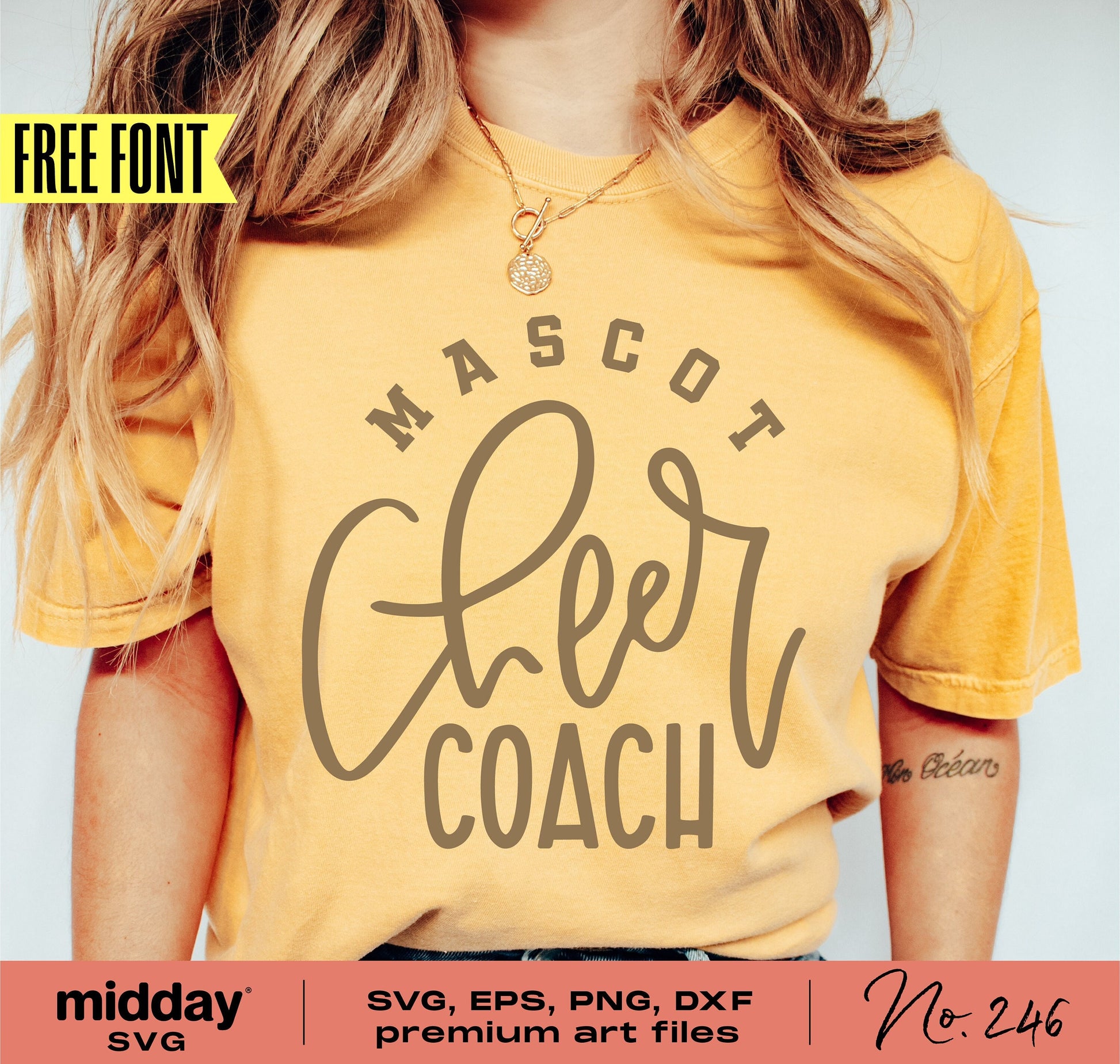 Mascot Cheer Coach shirt design with energetic script for Cricut and Silhouette cut files, includes SVG, PNG, DXF, EPS formats.
