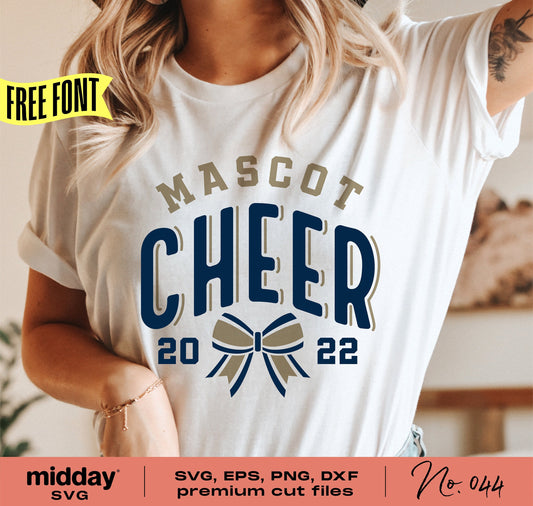 Cheerleader wearing a Mascot Cheer 2022 shirt, featuring cheer bows and customizable SVG, PNG, DXF files for Cricut and Silhouette.