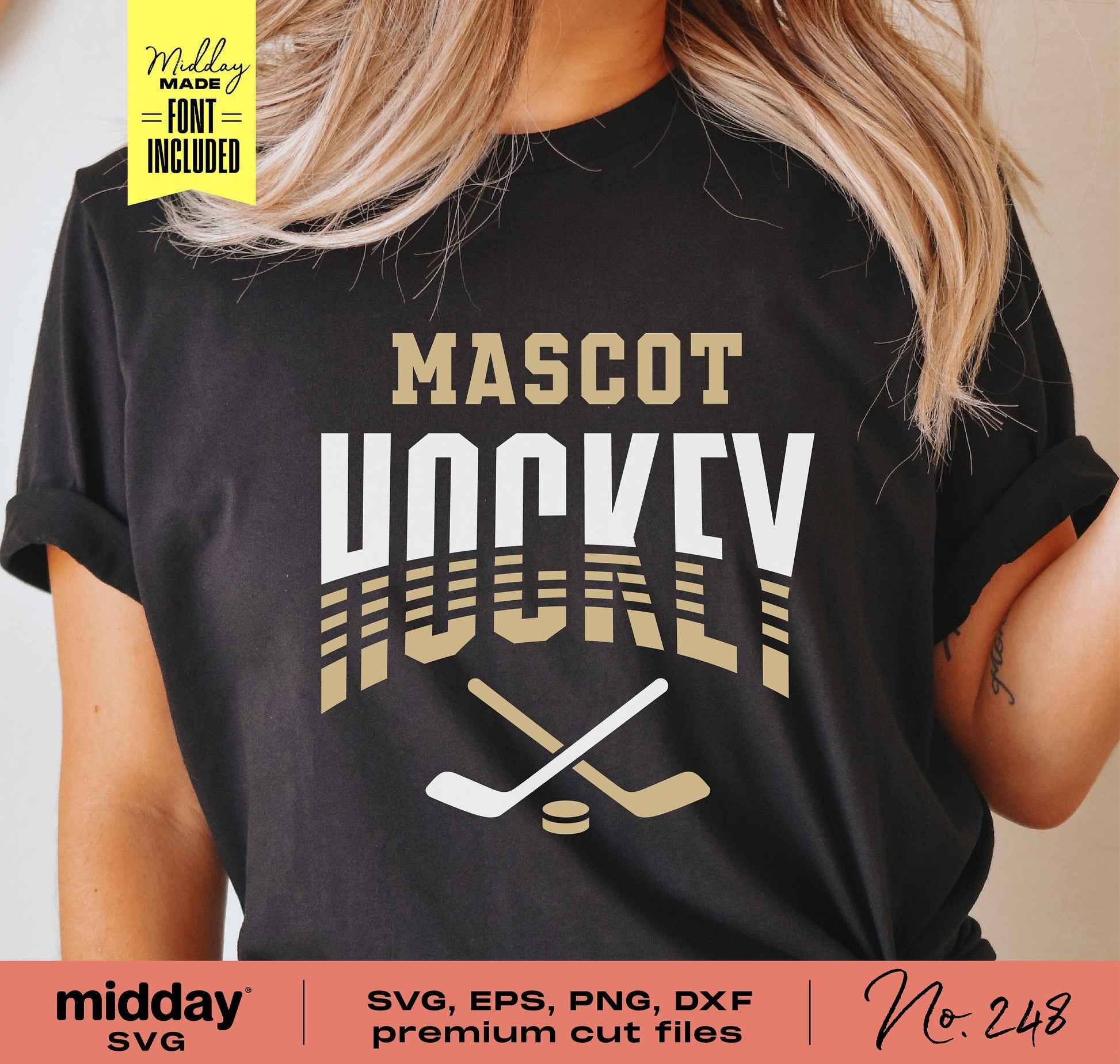 Customizable hockey team shirt design featuring 'Mascot Hockey' with crossed sticks, available in SVG, EPS, PNG, and DXF formats.