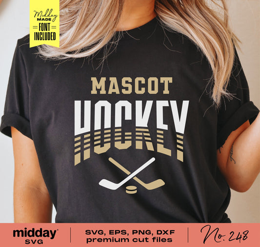 Customizable hockey team shirt design featuring 'Mascot Hockey' with crossed sticks, available in SVG, EPS, PNG, and DXF formats.